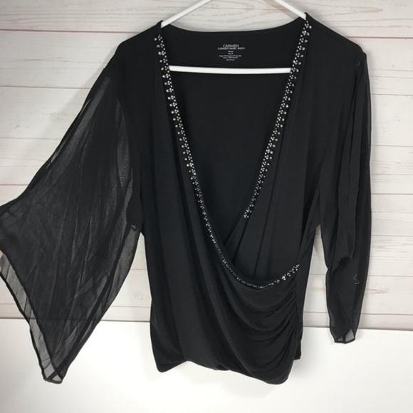 Women’s plus 2X carmen V neck wrap top black rhinestone , butterfly sleeves - Picture 2 of 7